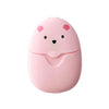 A pink, bear-shaped dispenser for portable paper soap sheets.
