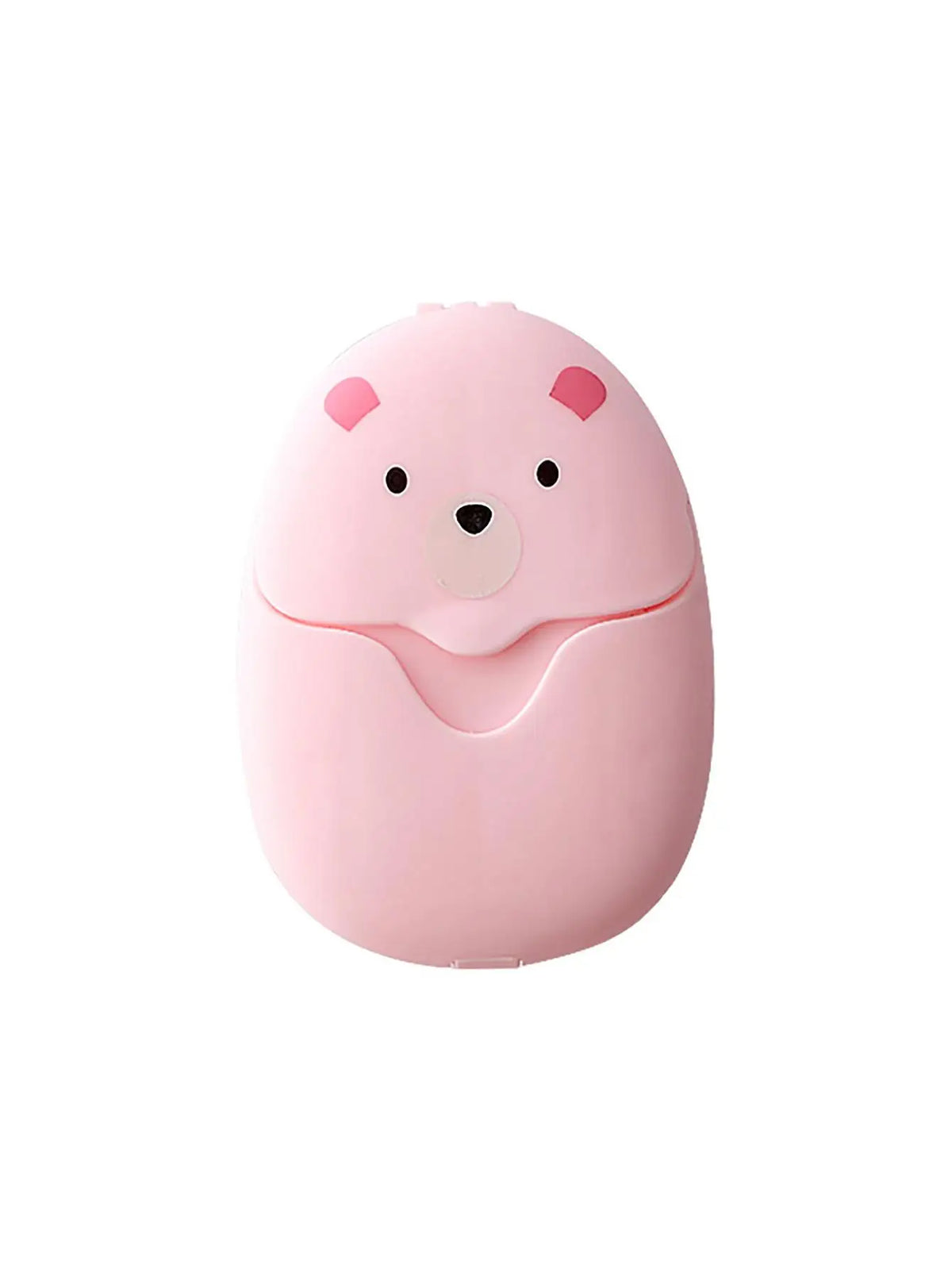 A pink, bear-shaped dispenser for portable paper soap sheets.