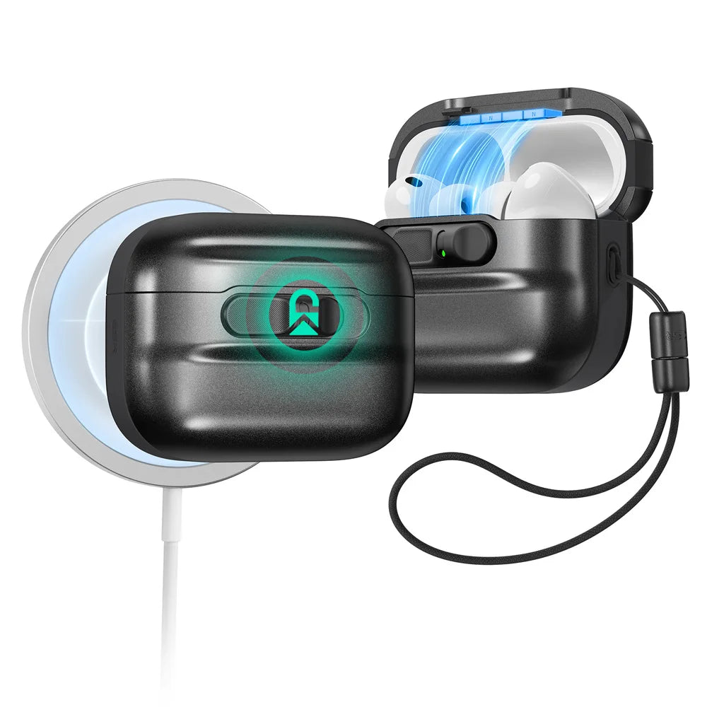 A black AirPods Pro 3 case with a magnetic lock and drop protection feature is shown next to its charging cable.