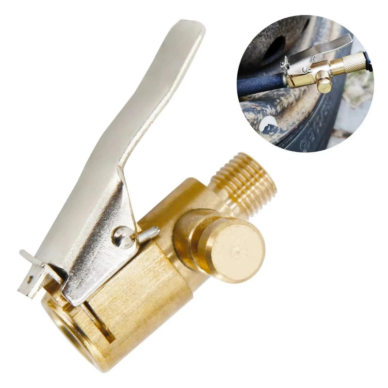 Brass tire inflator chuck with clip-on valve connector and a close-up view of the valve connection.
