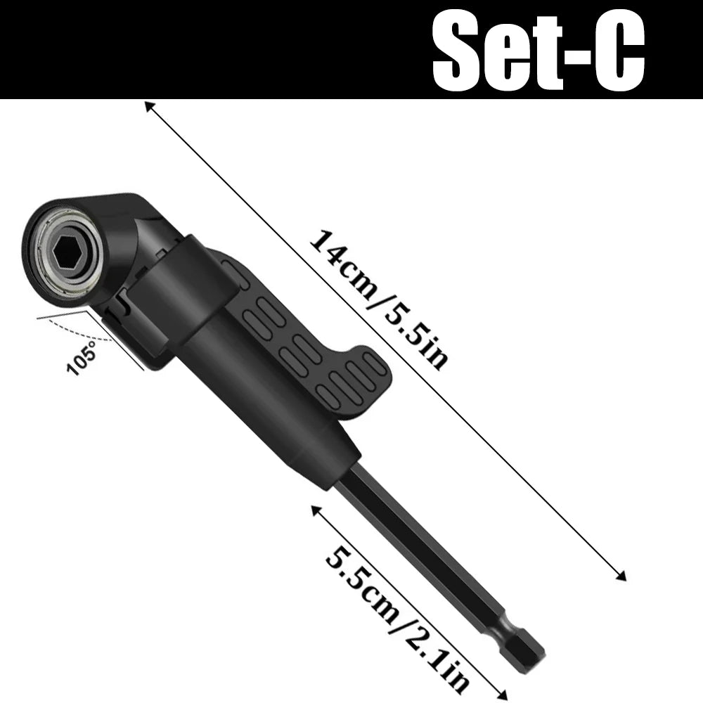 Black flexible drill bit extension kit showing the size and angle of the tool.