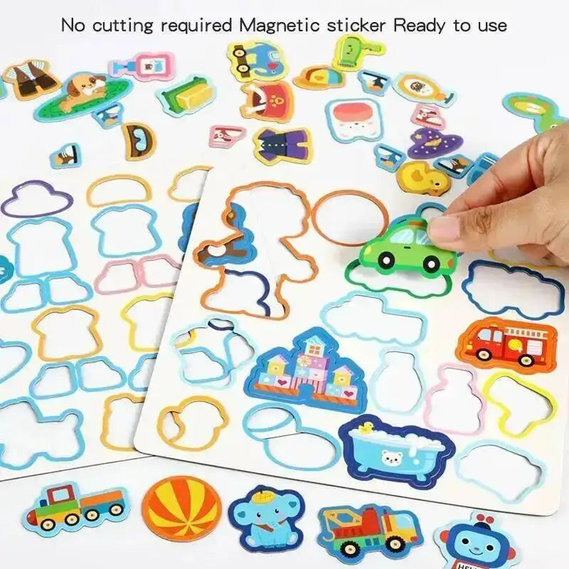 A magnetic sticker dress-up quiet book for kids showing various shapes and characters ready to use