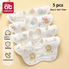 Five white soft cotton muslin bandana bibs featuring cute animal designs for babies