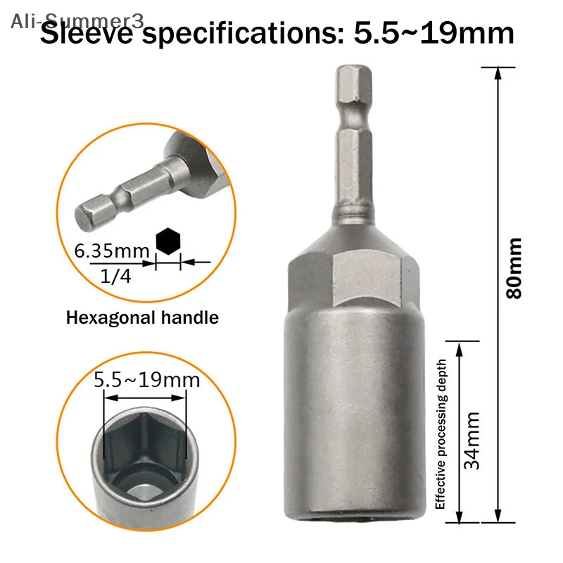 Stainless steel sleeve specifications showing a hexagonal handle and various sizes of processing depth.