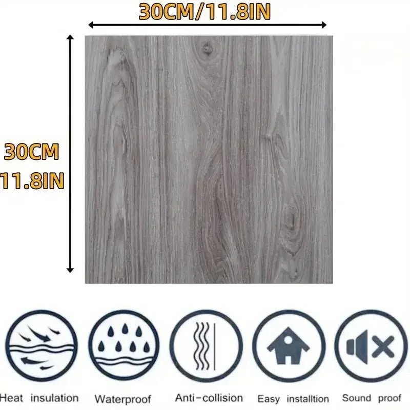 Gray wood grain vinyl flooring tiles with various features including heat insulation, waterproof, anti-collision, easy instal