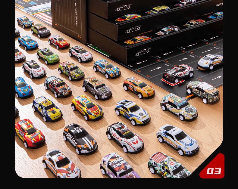 A collection of 48 diecast metal cars displayed on a wooden surface.
