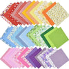 A bundle of colorful cotton fabric squares featuring various floral and geometric dot patterns for patchwork and quilting