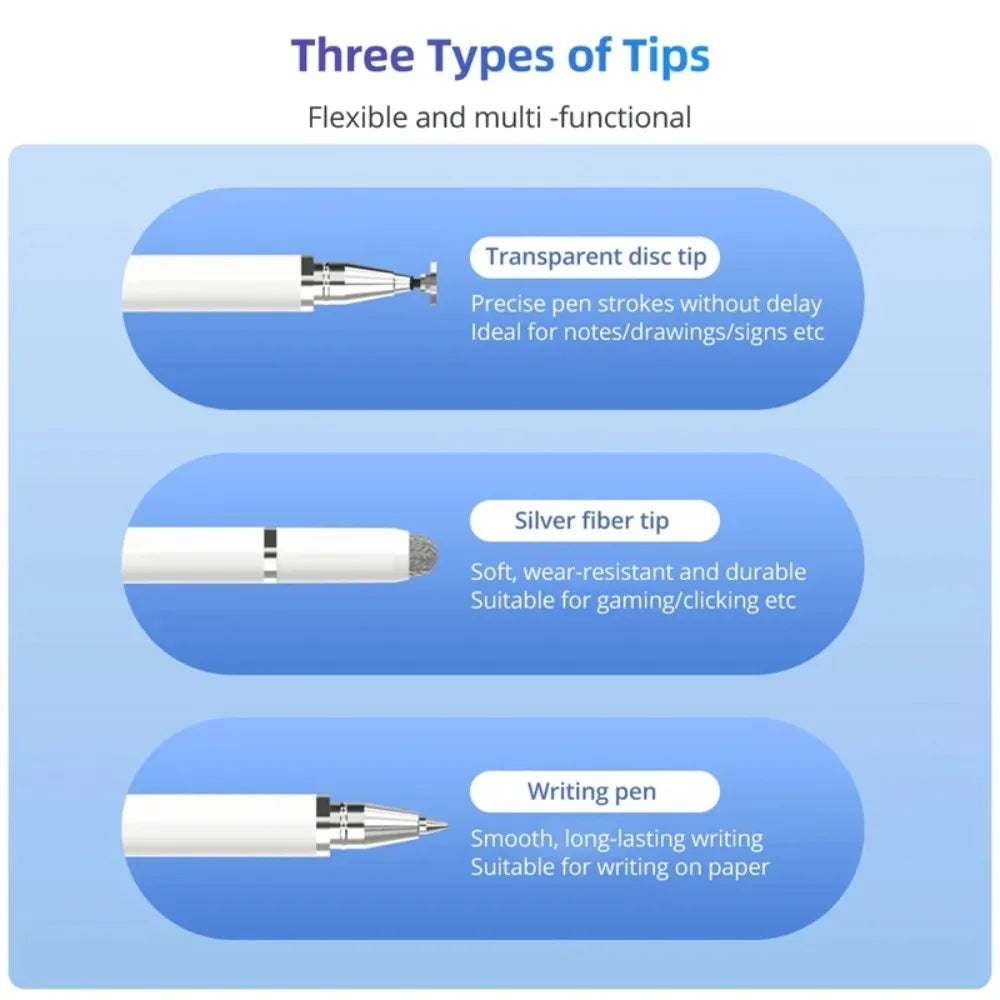 Three types of tips for a magnetic stylus pen including transparent disc, silver fiber, and writing pen.