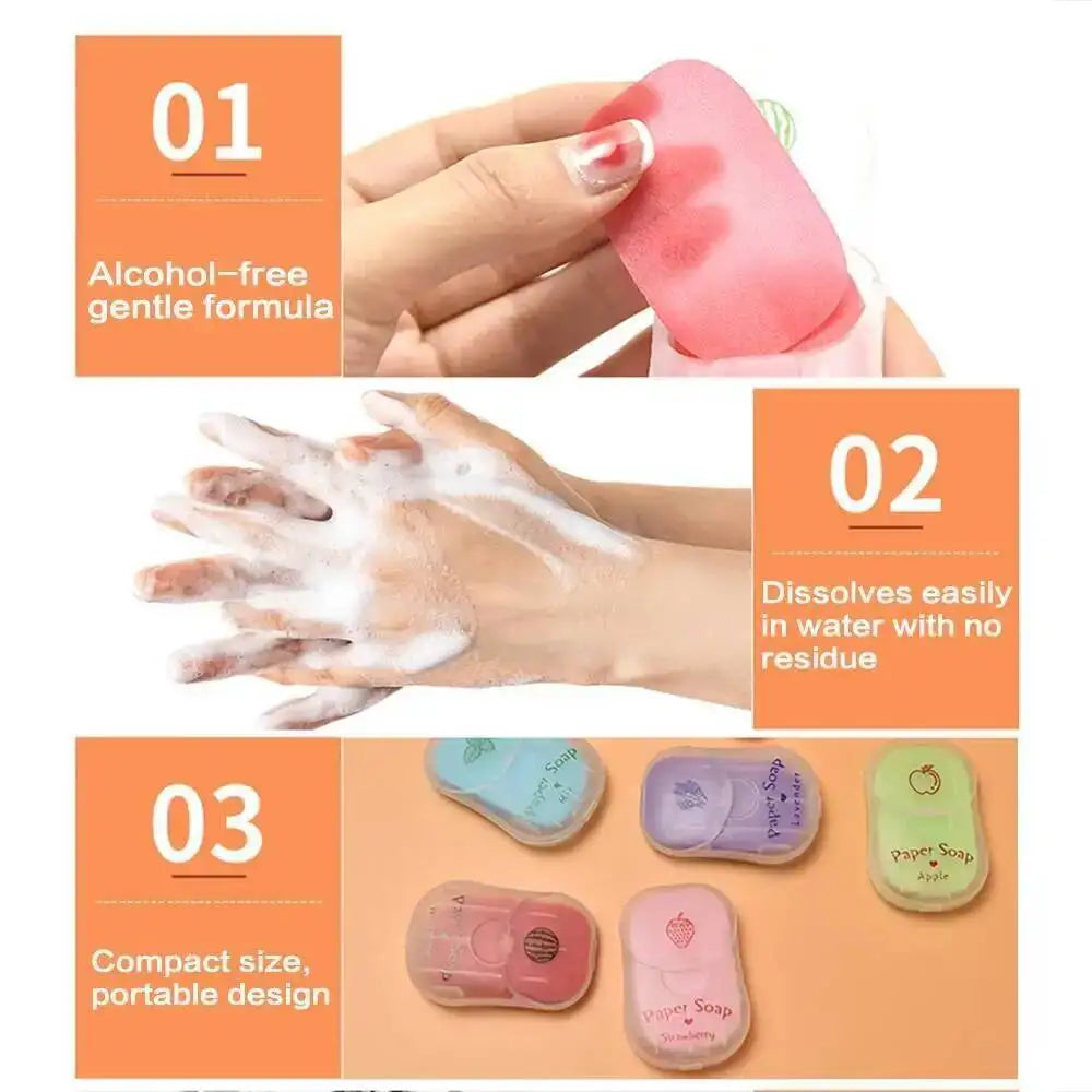 Three steps showing the use of alcohol-free gentle formula soap sheets for hand cleaning.