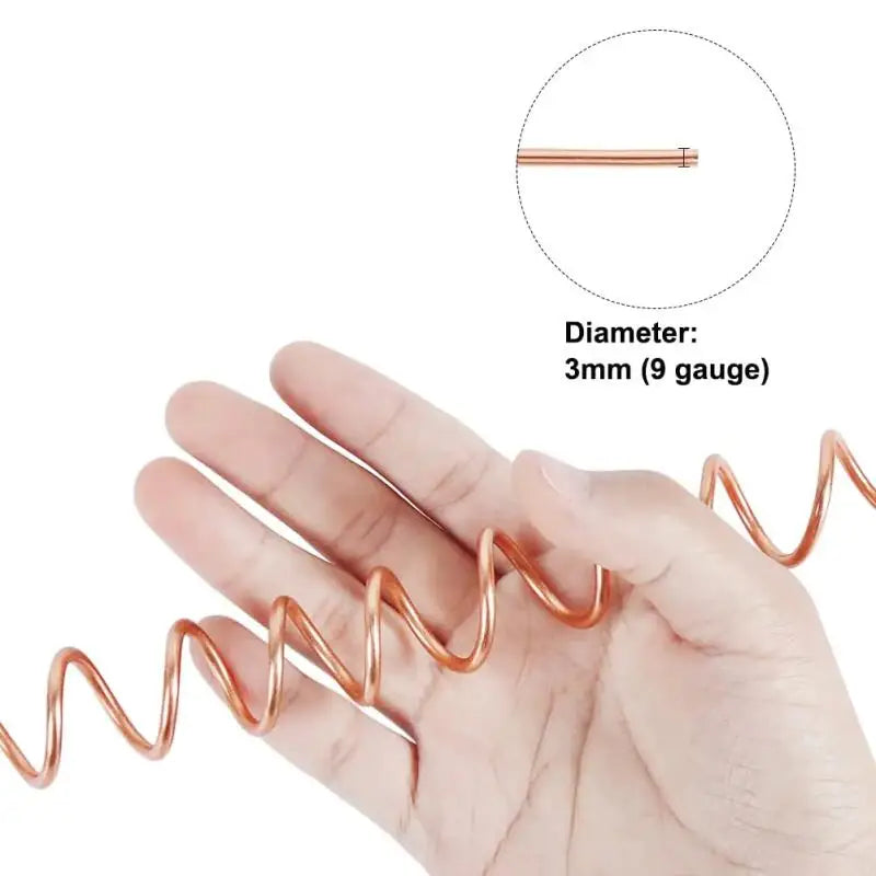A hand holds a thin copper wire for jewelry making or electrical projects, showing its 3mm diameter.