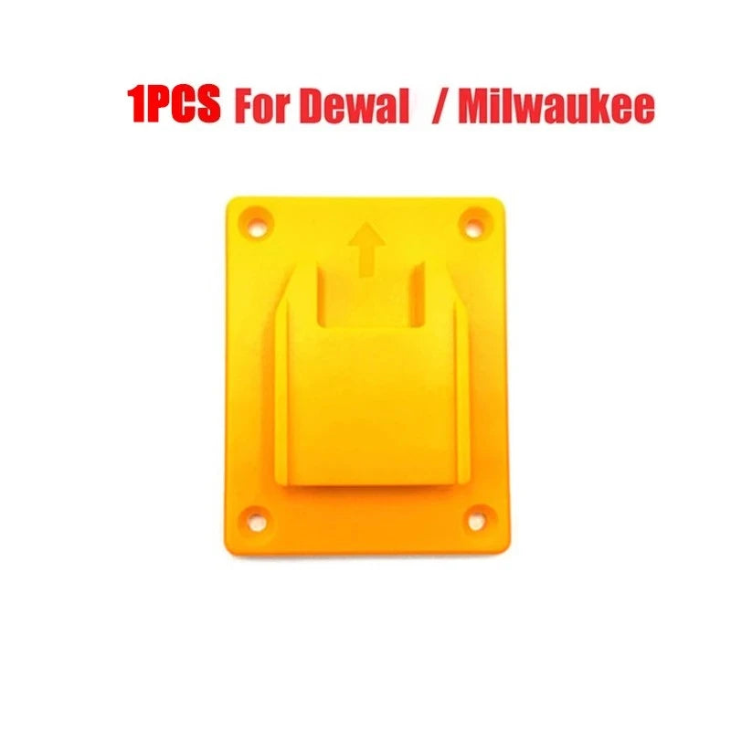 A single yellow wall-mount battery holder for 18V power tools.
