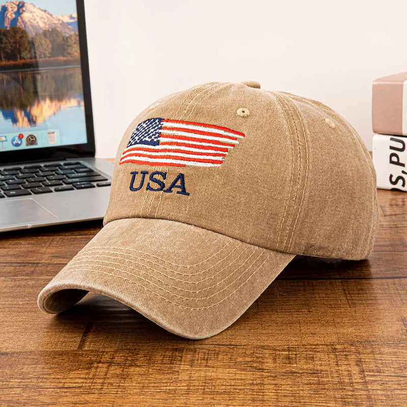 Vintage Washed Cotton Baseball Cap with Embroidered American Flag