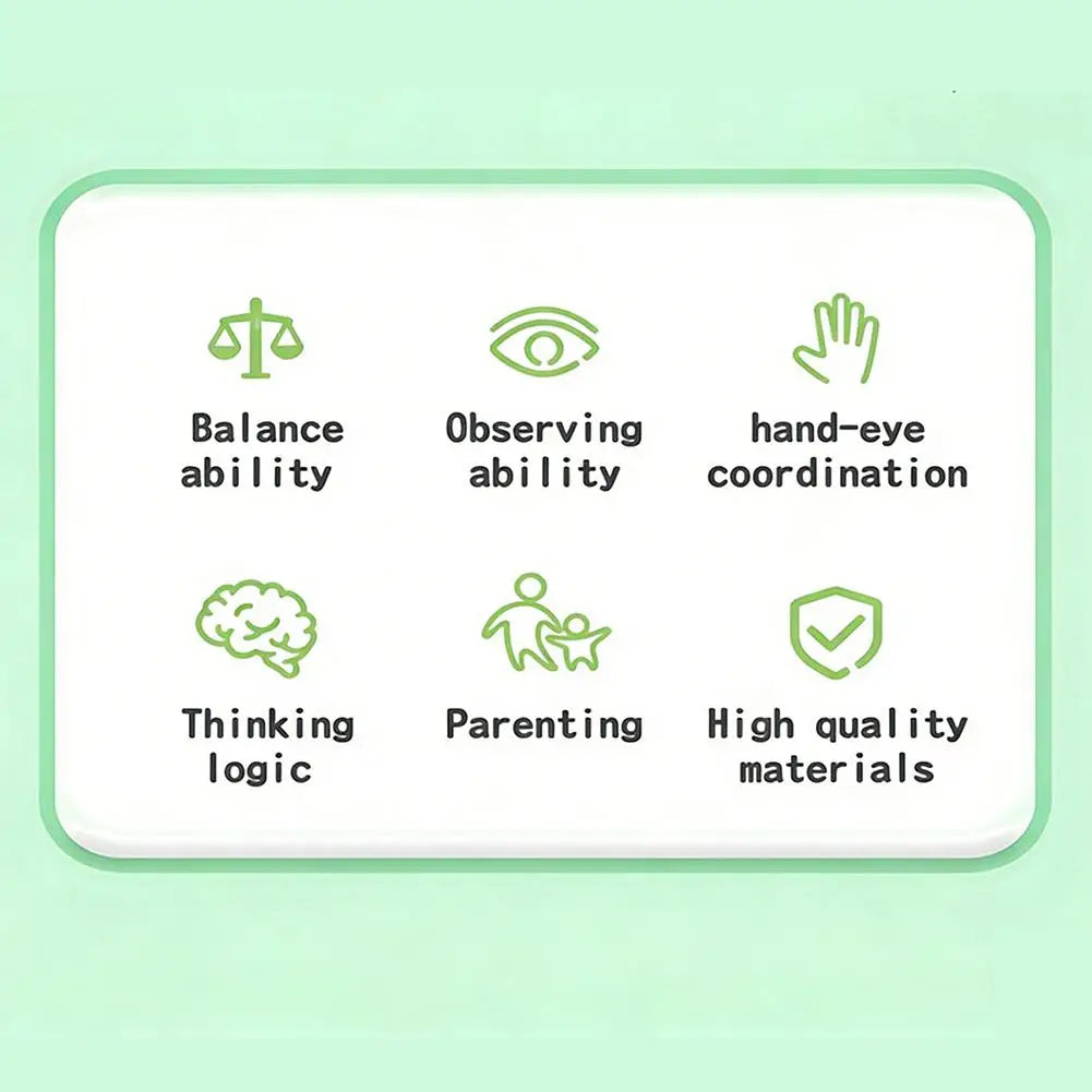 A green square card listing skills such as balance ability, observing ability, hand-eye coordination, thinking logic, parenti
