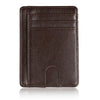 A dark brown slim leather wallet with stitched edges and a central slot.