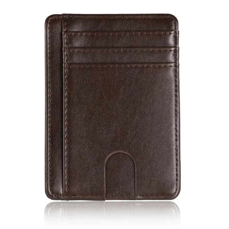 A dark brown slim leather wallet with stitched edges and a central slot.