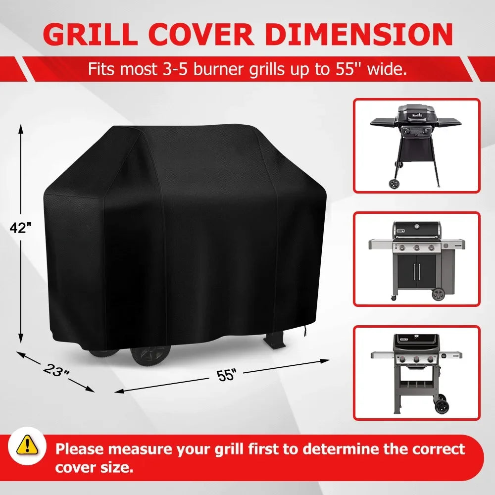 Black grill cover dimensions showing fit for 3-5 burner grills up to 55 inches wide.