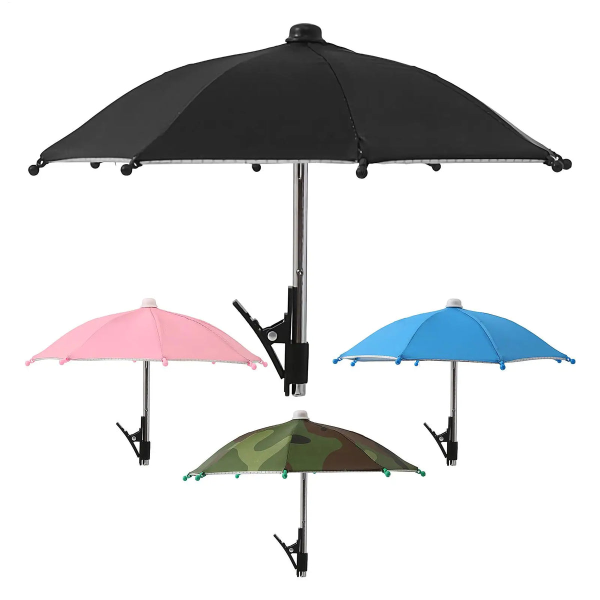 Drei Clip-on-Handyhüllen-Sonnenbrillen in Schwarz, Pink und Blau auf weißem Hintergrund.