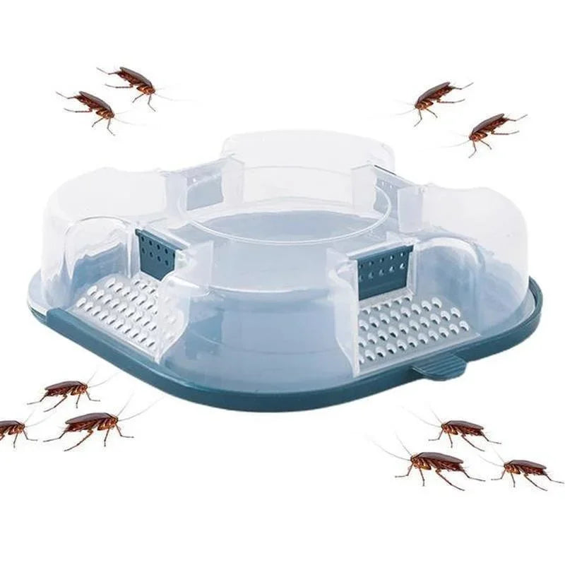 A clear, reusable non-toxic cockroach trap with multiple entry points and several dead cockroaches shown on a white backgroun