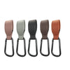 A set of four rotating PU leather stroller hooks in shades of pink, green, brown, and orange.