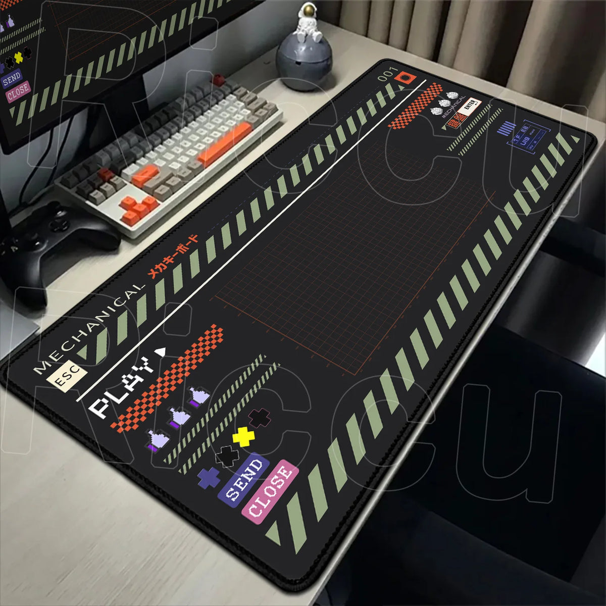 A large black mouse pad featuring Japanese art and a non-slip rubber base is displayed on a desk.