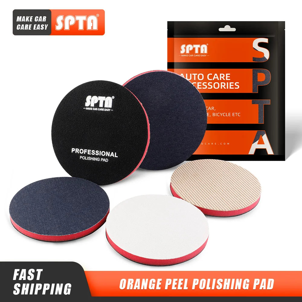 A set of SPTA professional polishing pads including black, blue, and white pads for car care.