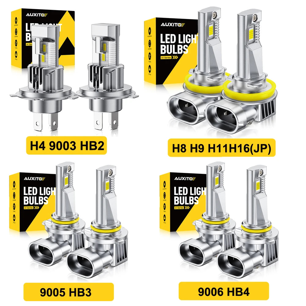 A collection of various Auxito LED headlight bulbs including H4 9003 HB2, H8 H9 H11H16(JP), and 9005 HB3, 9006 HB4.