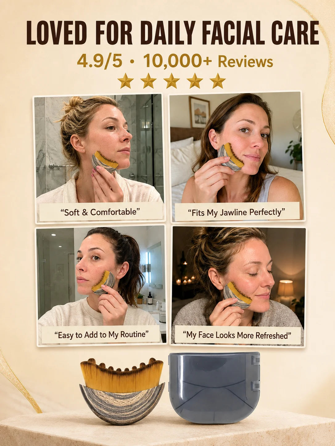 A facial lymphatic drainage massage brush in a light yellow color is shown next to several women demonstrating its use for da