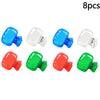 Eight protective toothbrush head covers in blue, white, and red colors with travel clips.