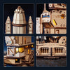 Close-up views of a 3D wooden space shuttle model kit showing different angles and details.