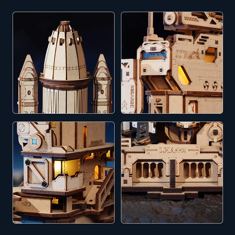 Close-up views of a 3D wooden space shuttle model kit showing different angles and details.