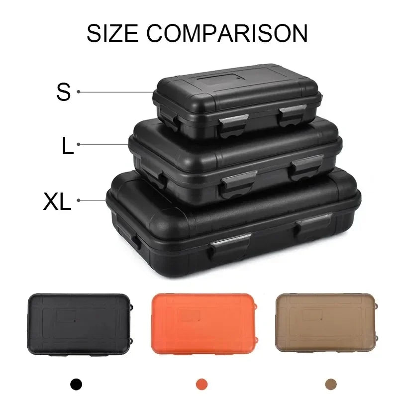 Size comparison showing small, medium, and extra-large black waterproof sealed storage boxes.