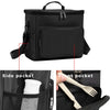 Black insulated canvas lunch bag shown from the top and side, featuring front and side pockets.