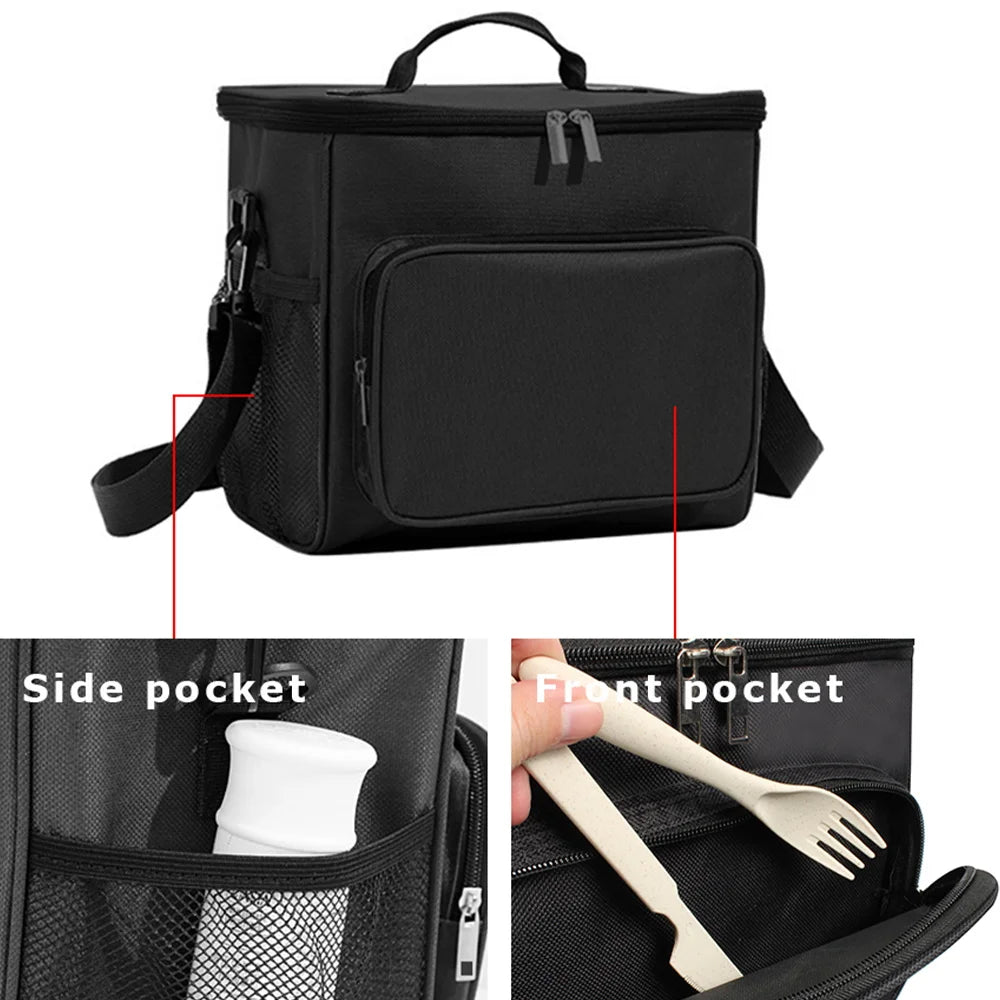 Black insulated canvas lunch bag shown from the top and side, featuring front and side pockets.