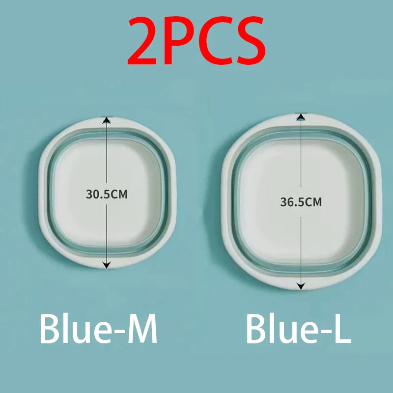 Two sizes of foldable plastic wash basins, Blue-M (30.5cm) and Blue-L (36.5cm).