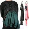 A dark green durable polyester luggage strap with an attached ID tag shown against a black shirt.
