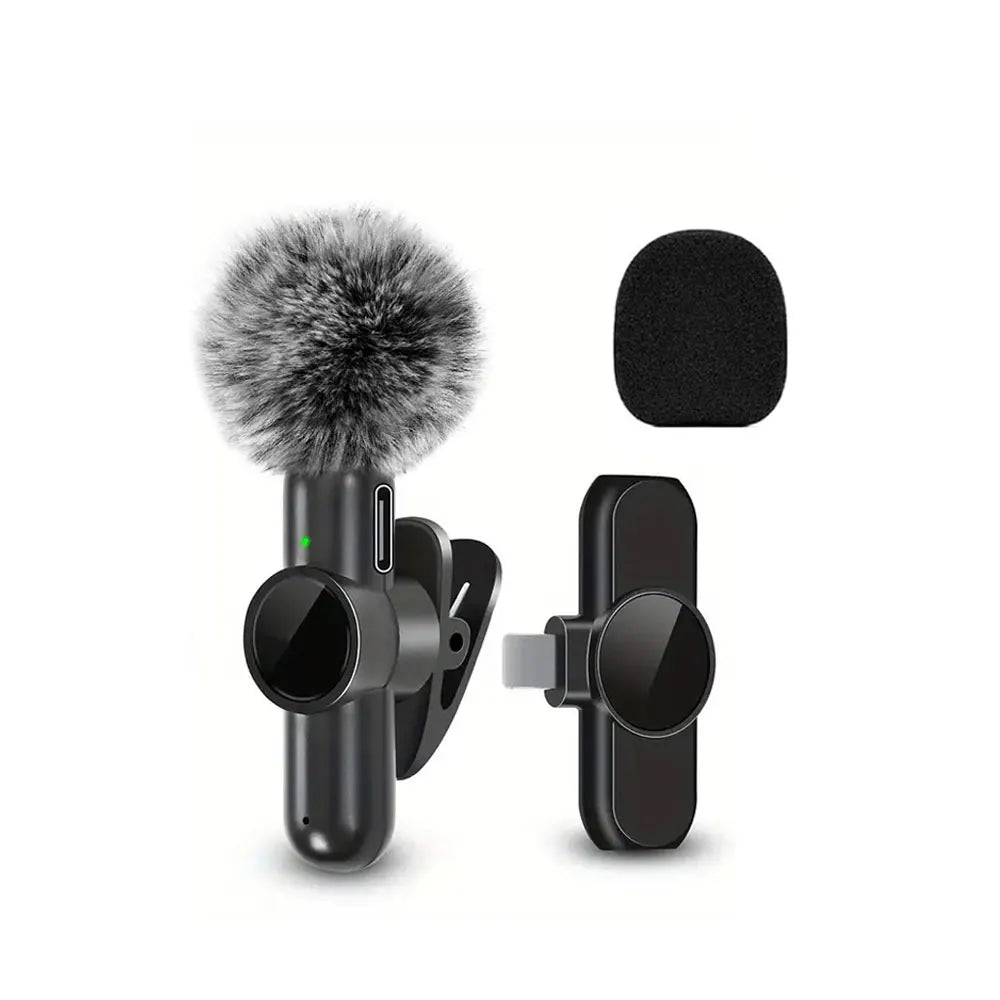 A black wireless lavalier microphone with a fuzzy windscreen and a clip attachment.
