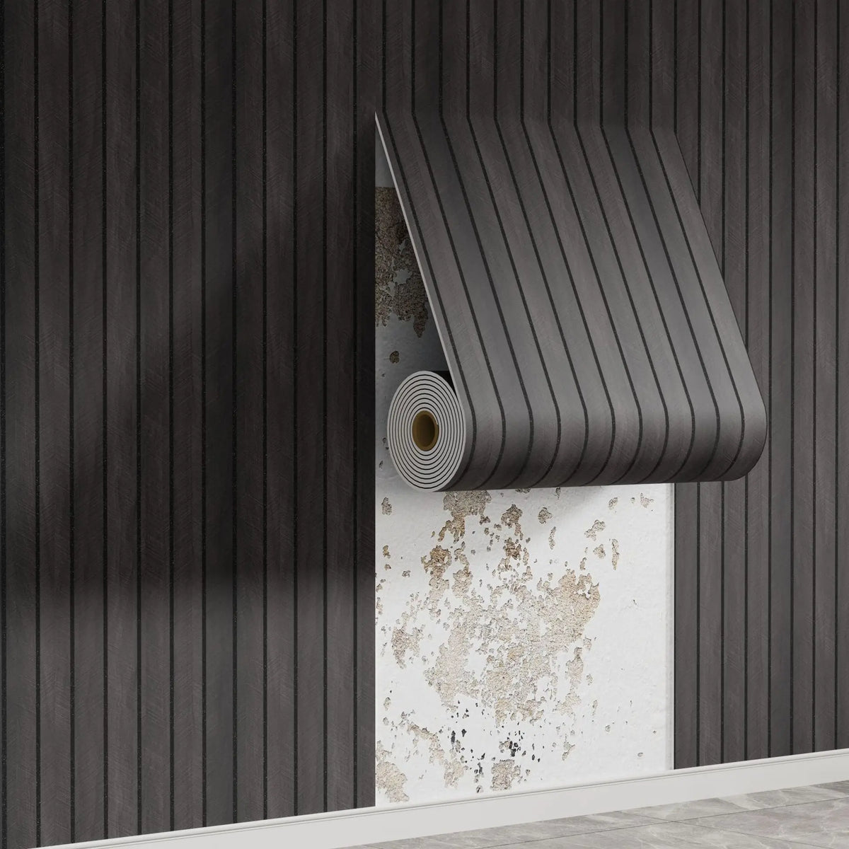 A roll of wood grain peel-and-stick wall tiles is partially unrolled against a dark vertical slat wall.