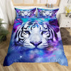 A duvet cover set featuring a vibrant watercolor print of a tiger's face with purple and blue accents.
