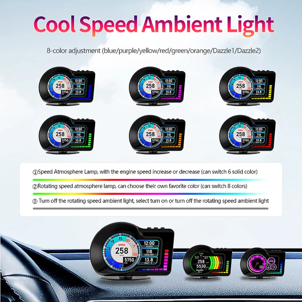 A set of 8-color adjustable cool speed ambient lights displayed on a car dashboard.