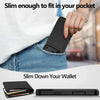 A black slim protective phone case is shown being placed into a person's jeans pocket, demonstrating its thin design.