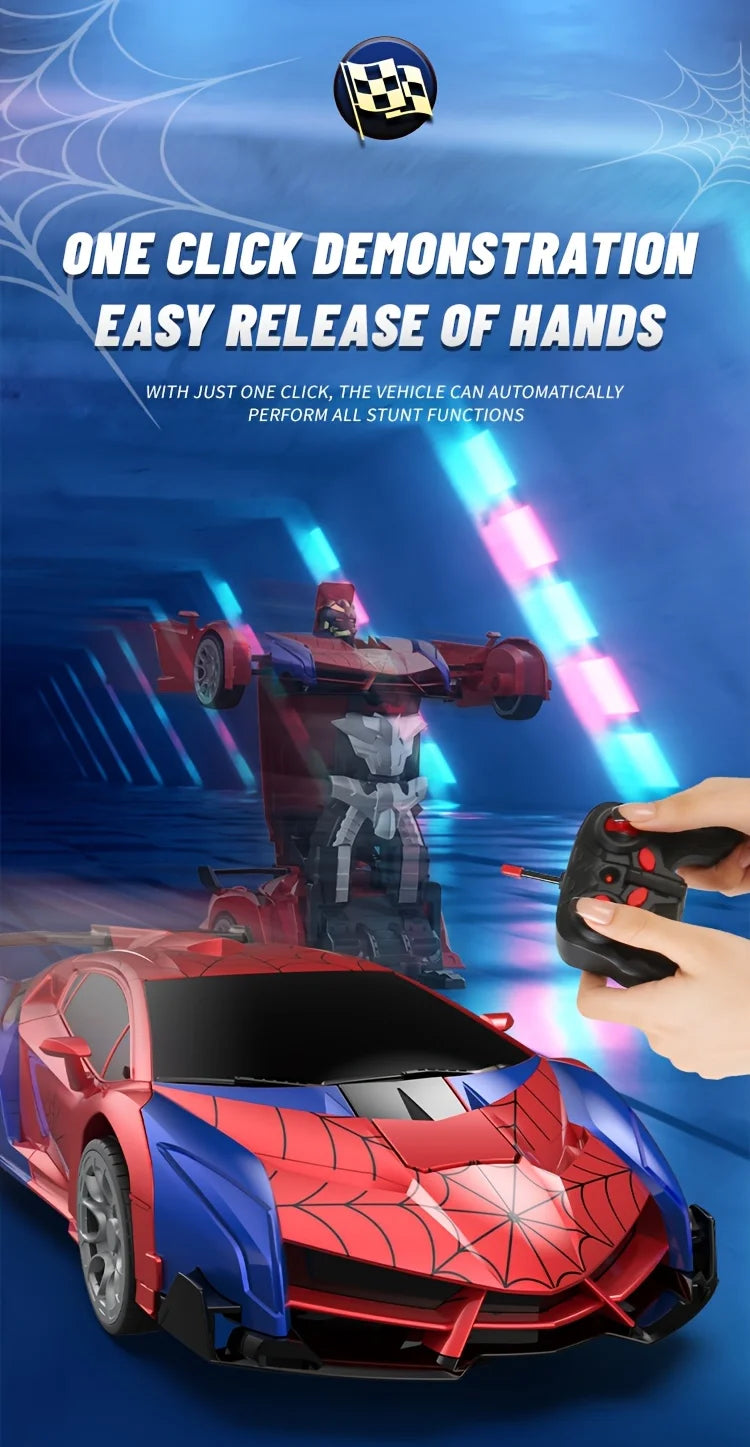 1:18 Scale RC Stunt Car with 360° Spin, LED Lights & One-Button Transformation