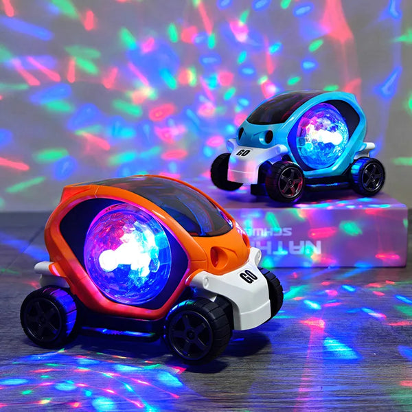 A bright orange and white interactive LED music toy car is shown on a dark surface with colorful light reflections in the bac