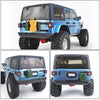 A blue 1/10 scale RC crawler decoration set featuring a shovel, fire extinguisher, and oil drum.