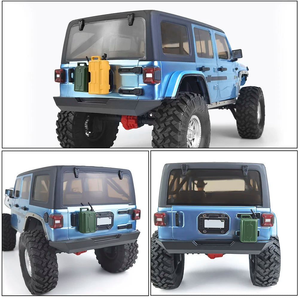 A blue 1/10 scale RC crawler decoration set featuring a shovel, fire extinguisher, and oil drum.