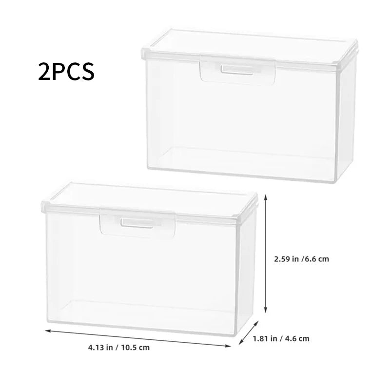 Two clear plastic card storage boxes shown with dimensions 2.59 in by 6.6 cm.