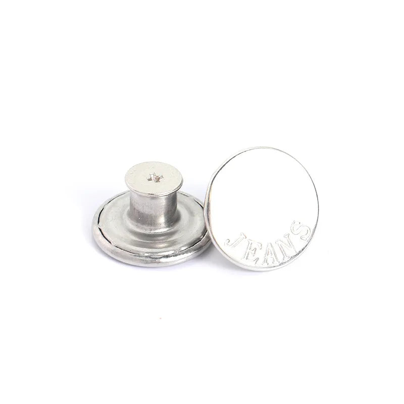 A silver metal button and a circular blank button are shown for a jeans button repair kit.