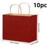 Ten red kraft paper bags with handles shown in a vertical view.