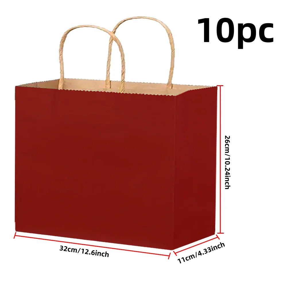 Ten red kraft paper bags with handles shown in a vertical view.