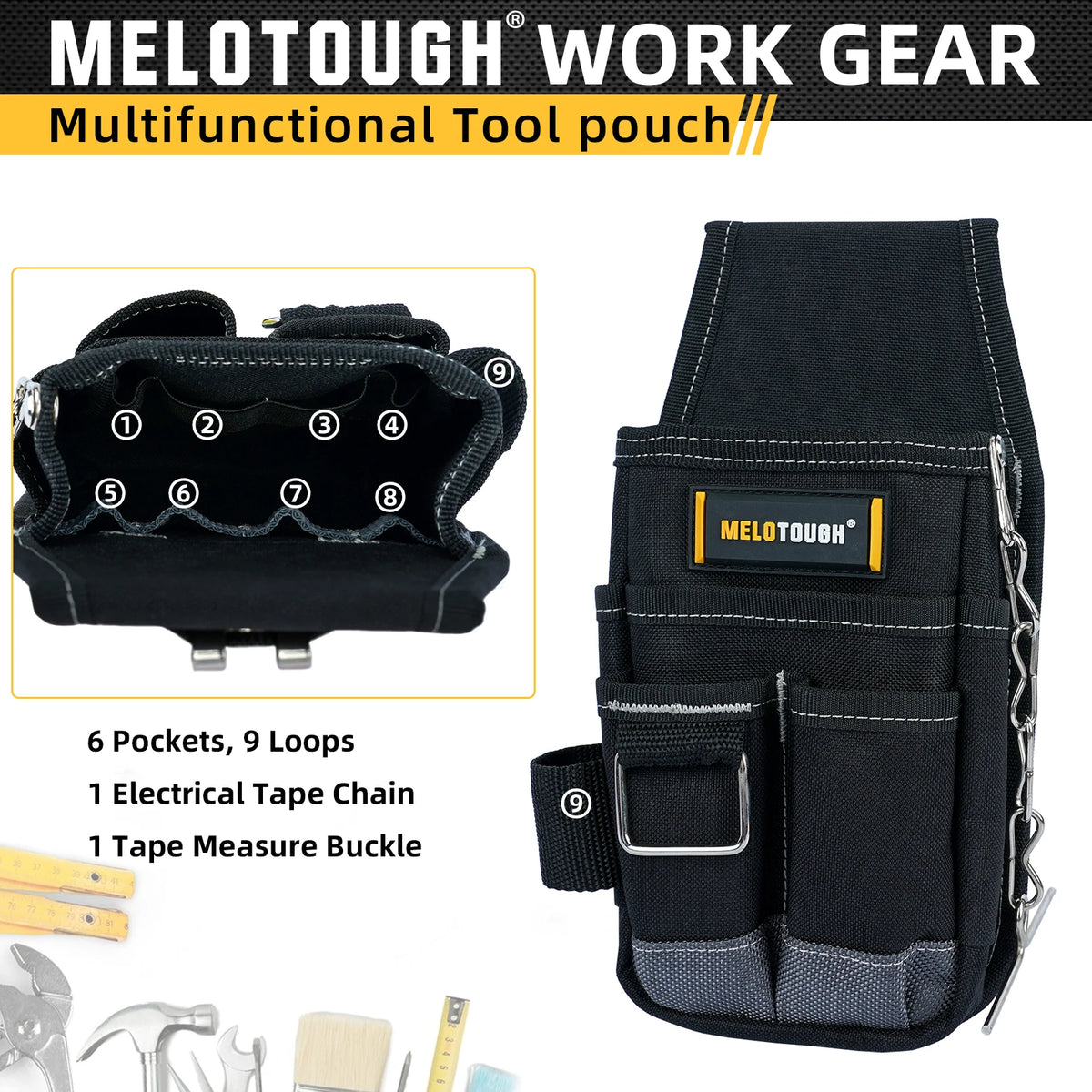 Black Melotough work gear multifunctional tool pouch with pockets and a tape measure buckle