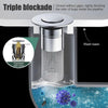 A stainless steel triple blockade drain filter with a valve is shown installed in a sink, blocking bug odors.